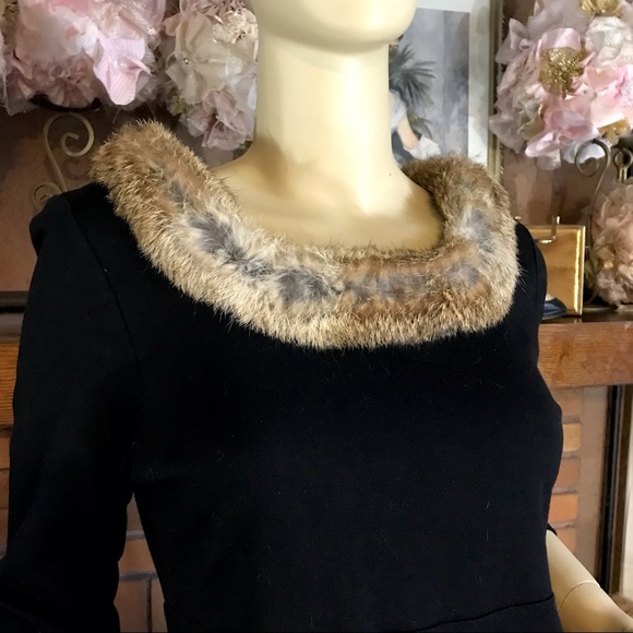 KAREN KANE BLACK KNIT DRESS WITH BROWN RABBIT FUR COLLAR (M) - Picture 7 of 15
